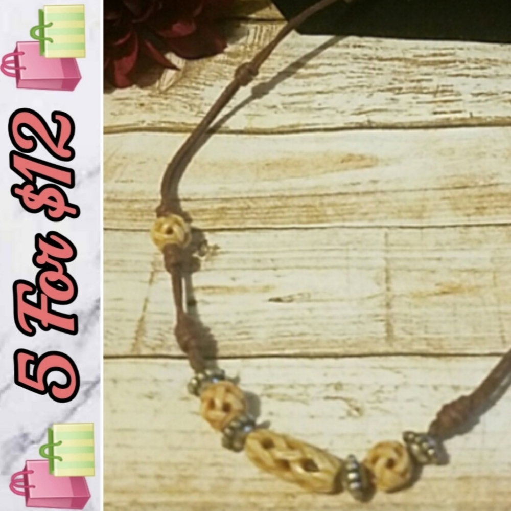 N119 Tribal Bead Leather Corded Rustic Necklace